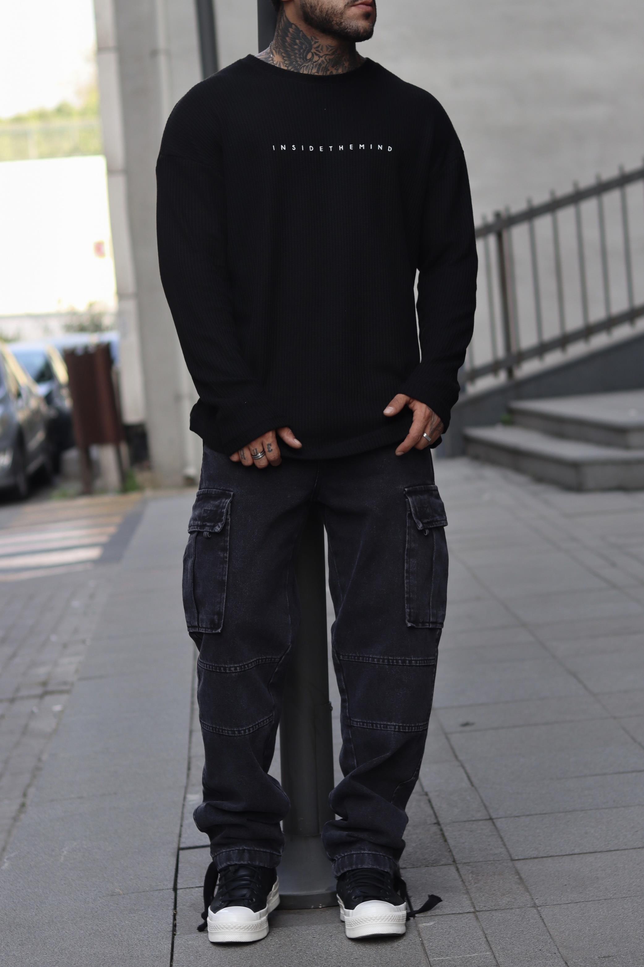 Fitilli siyah sweatshirt