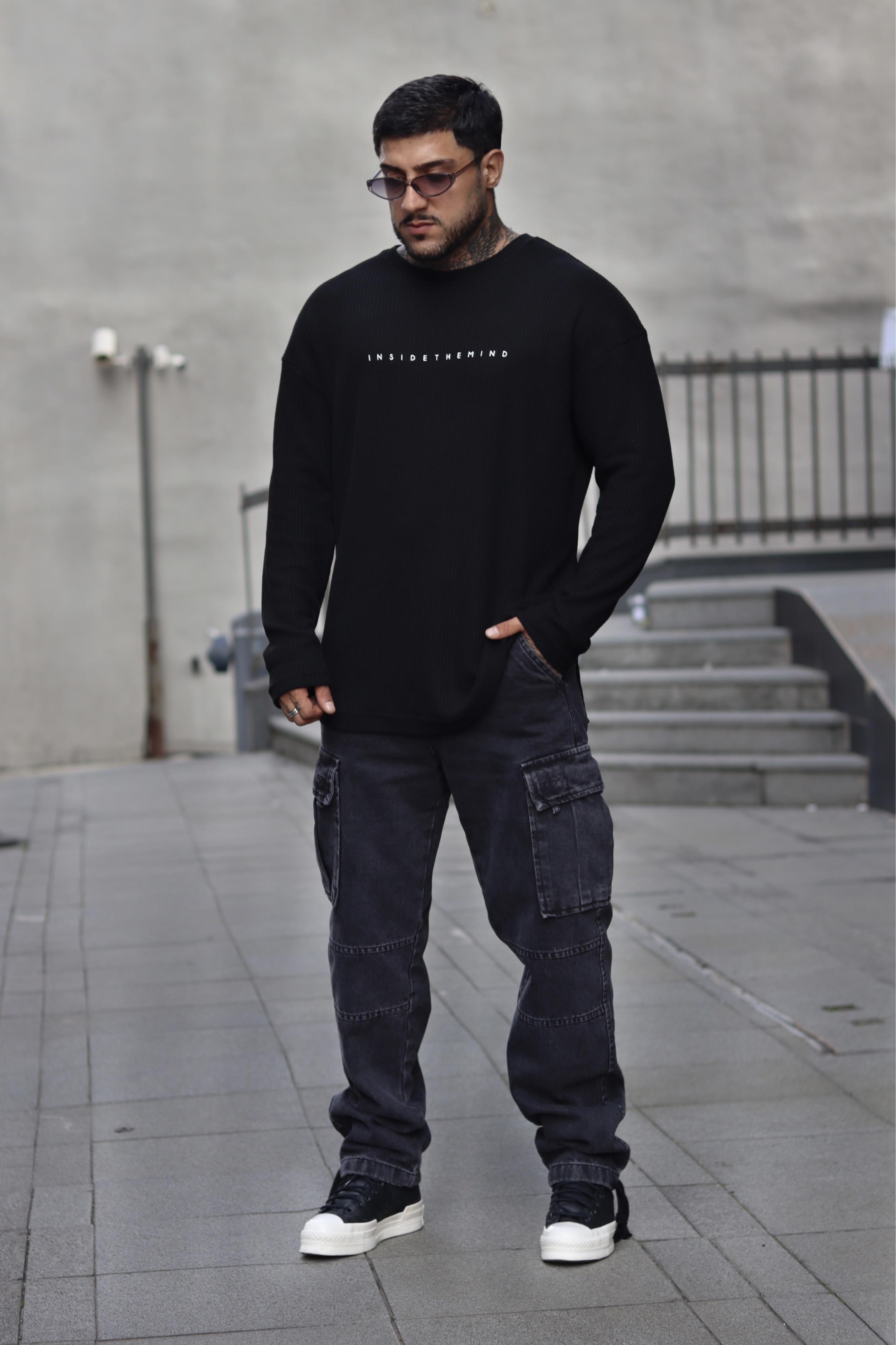 Fitilli siyah sweatshirt