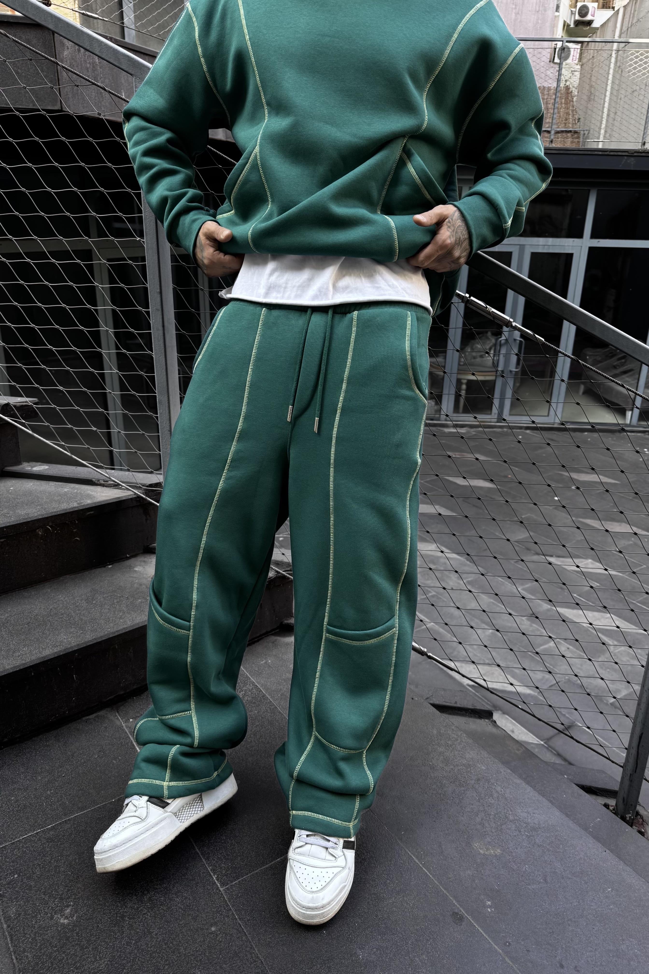 Green oversize şerit nakışlı takım