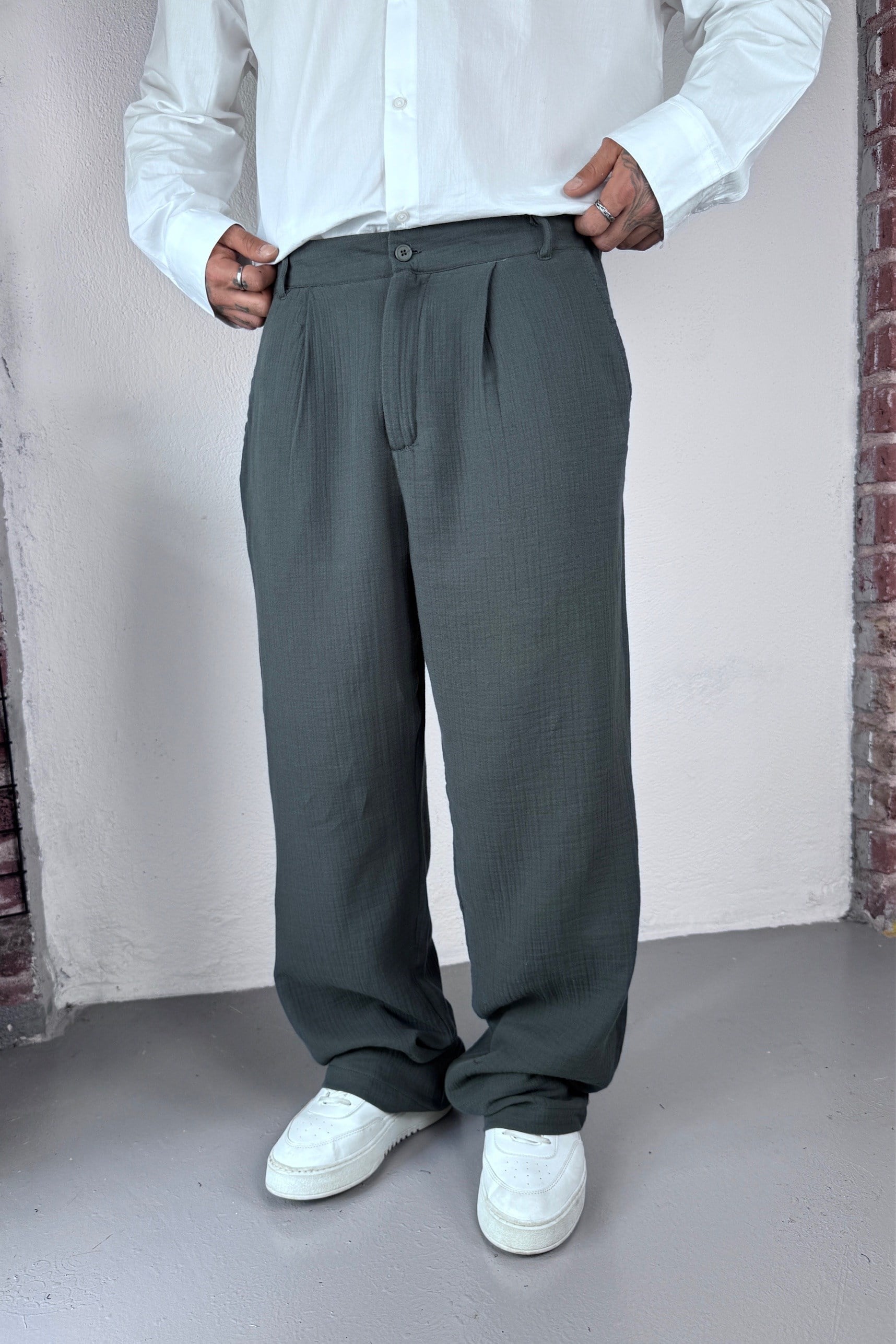 Haki Baggy Keten Pantolon
