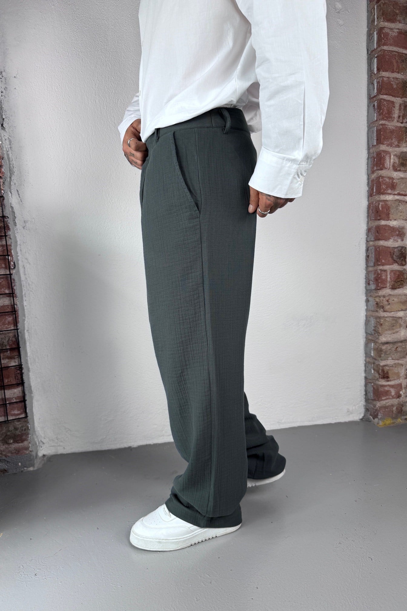 Haki Baggy Keten Pantolon