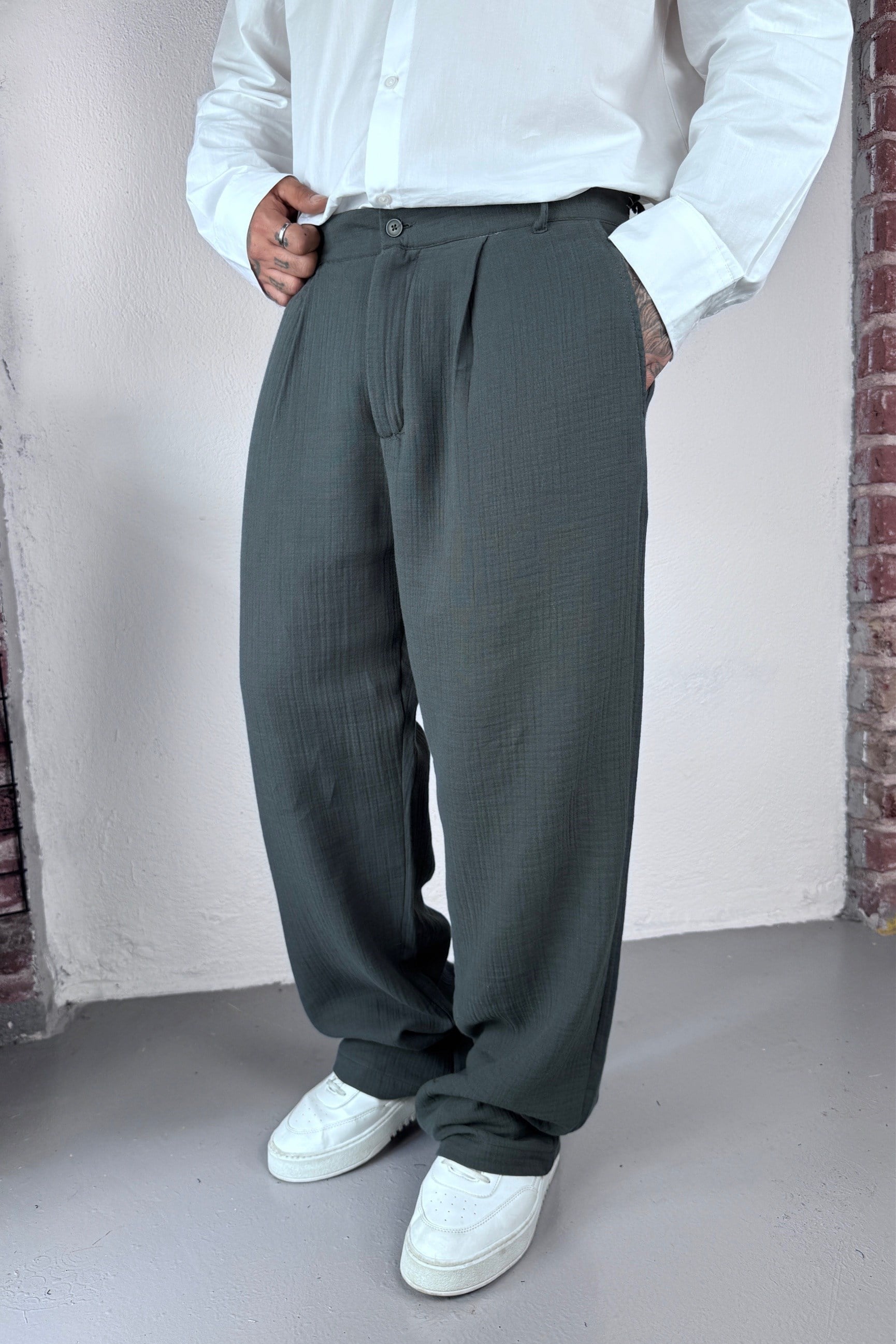 Haki Baggy Keten Pantolon