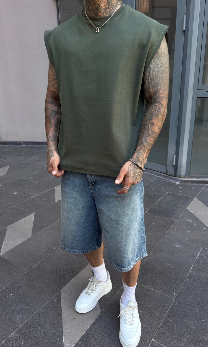 Haki Oversize Kesik Kol Atlet