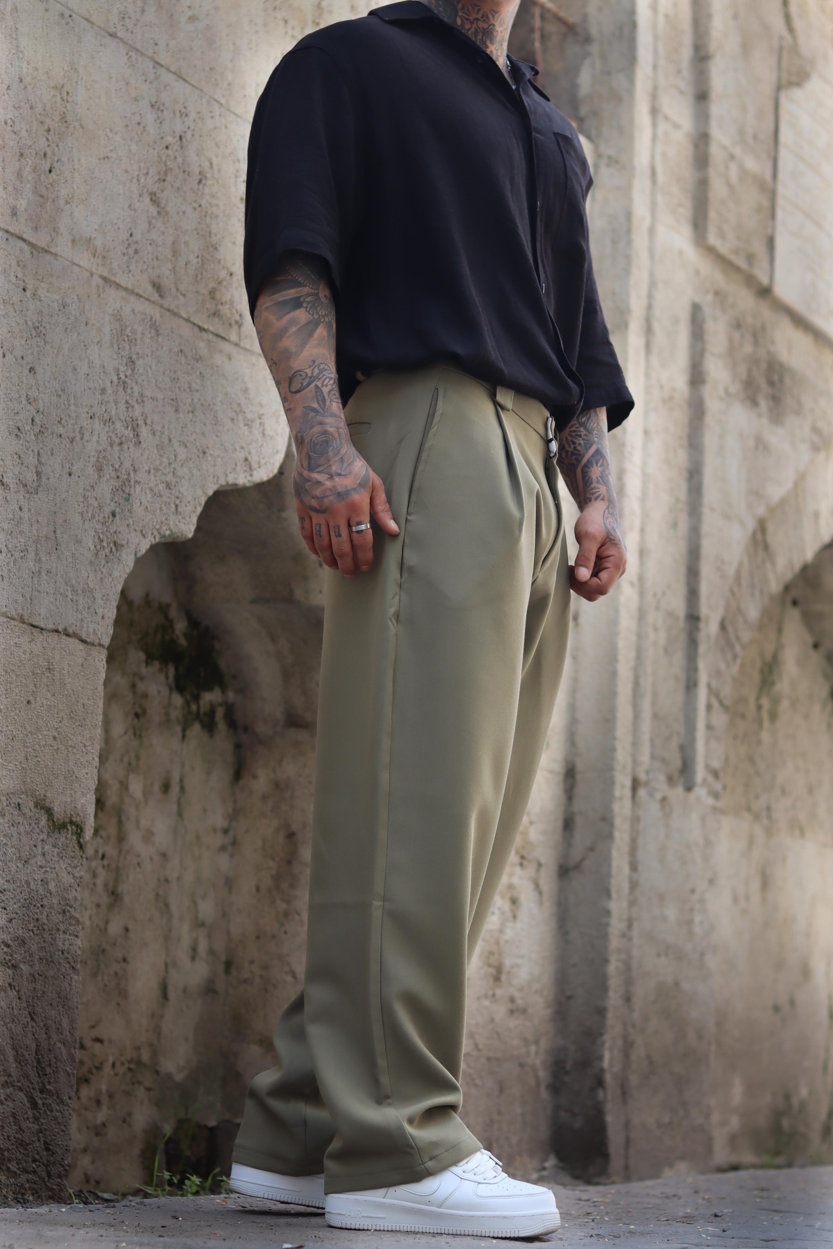 Haki pileli baggy pantolon