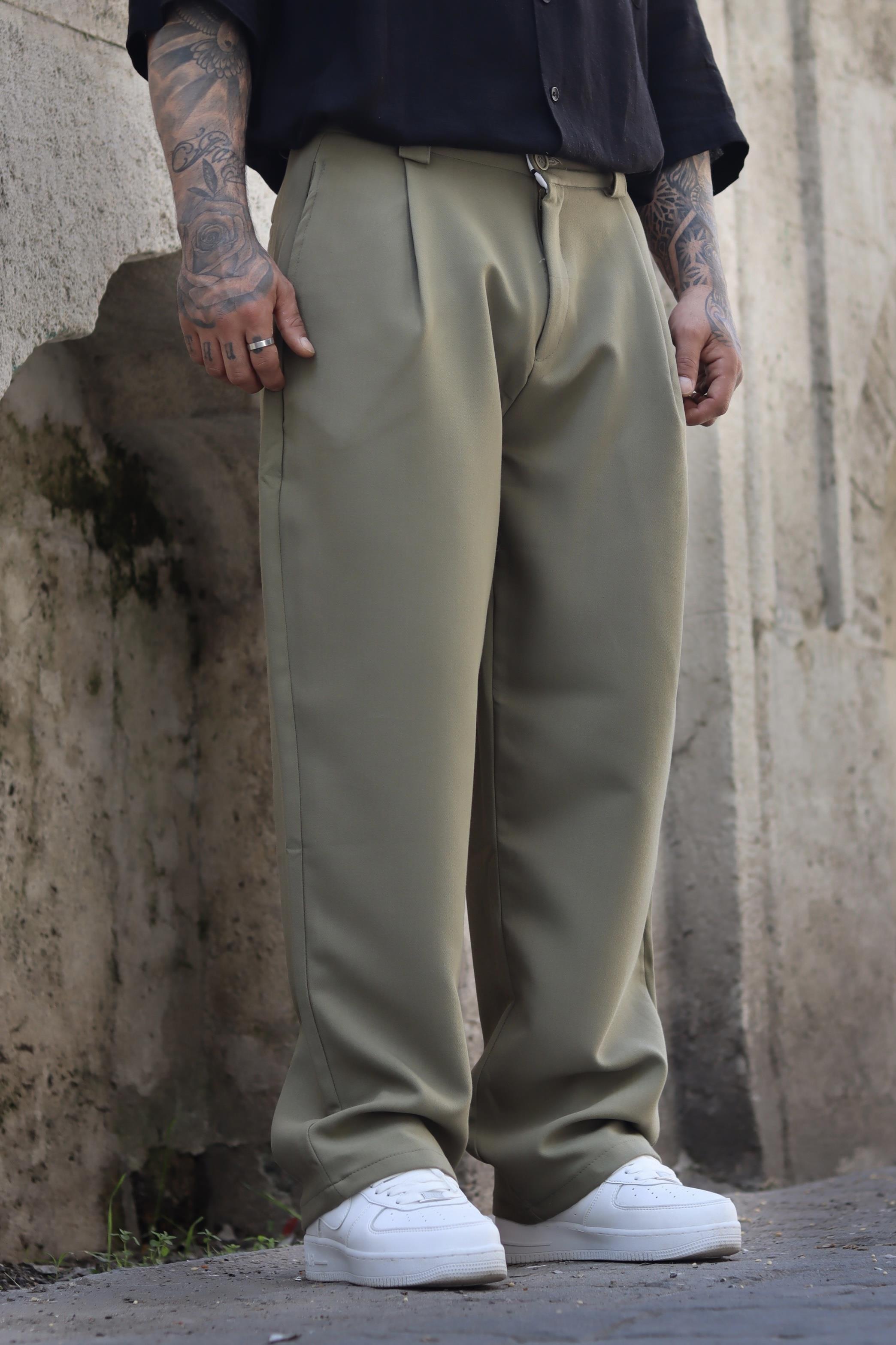 Haki pileli baggy pantolon