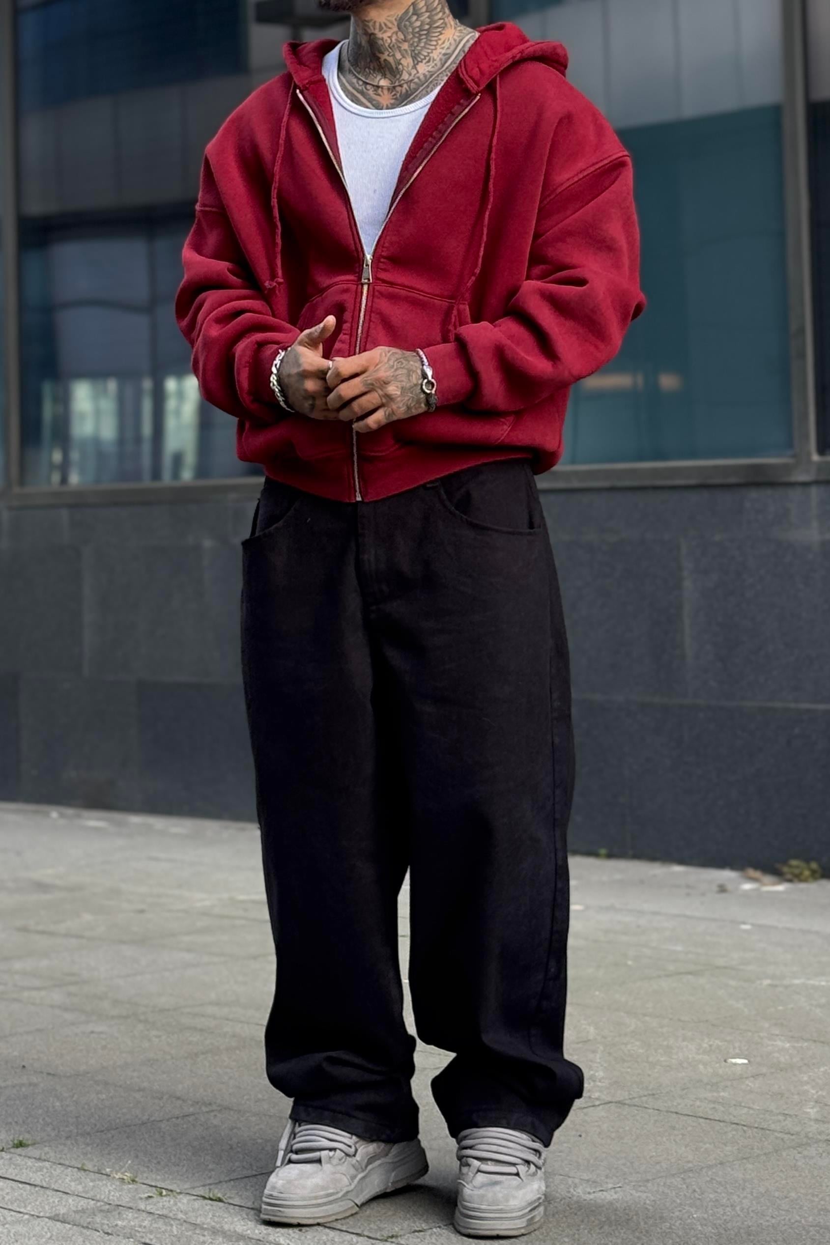 Kırmızı Washed Oversize Hoodie