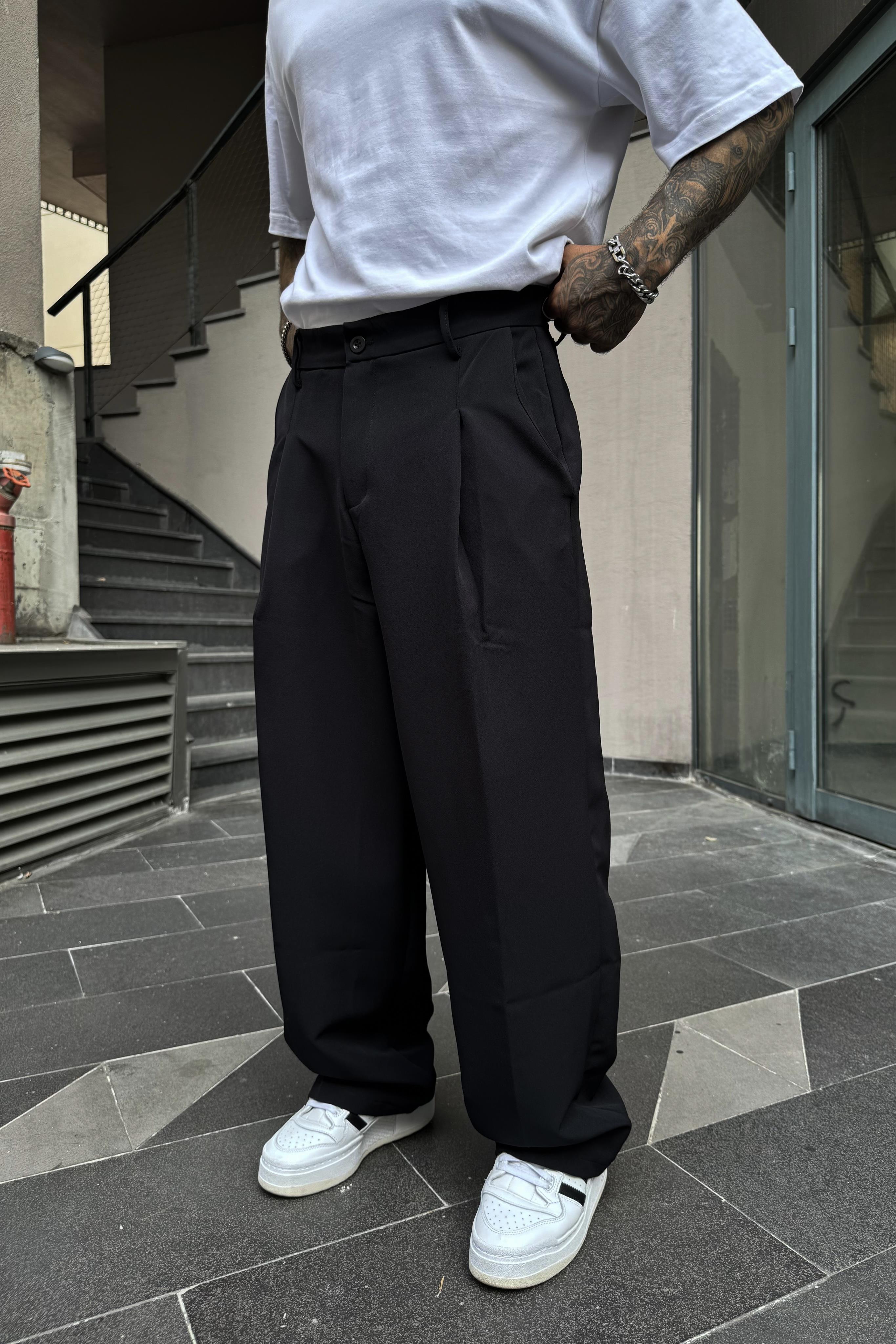 Koyu lacivert baggy pileli pantolon