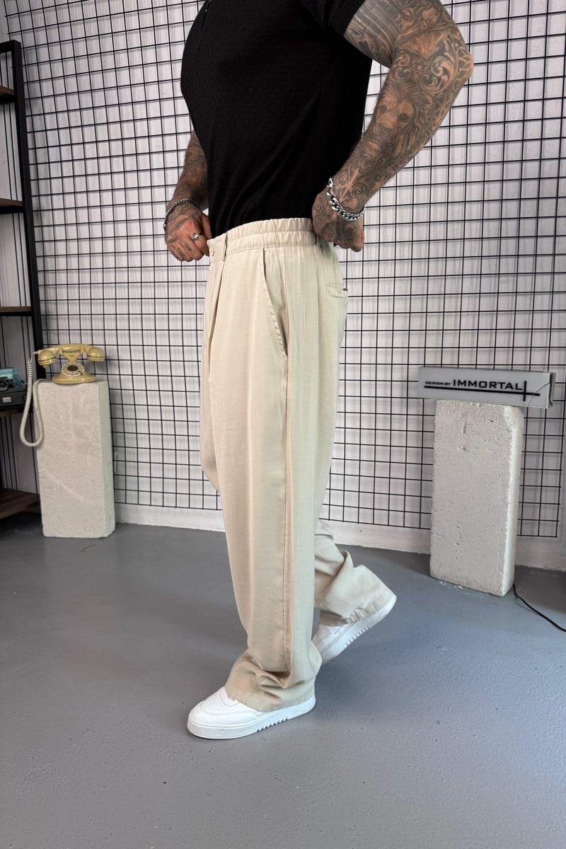 Krem Viskon Kumaş Baggy Pantolon