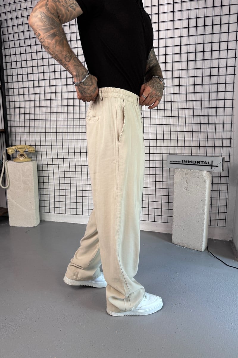 Krem Viskon Kumaş Baggy Pantolon