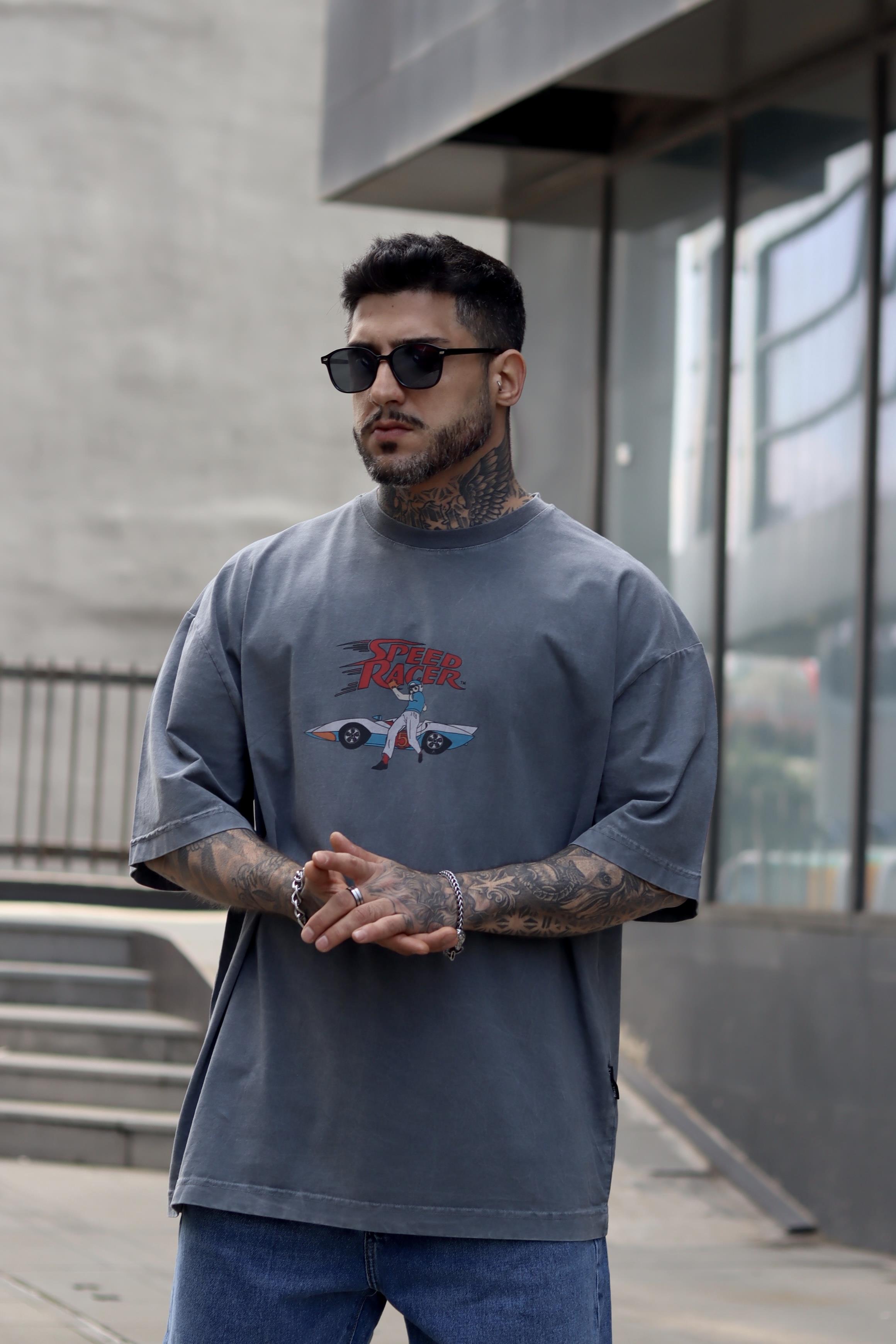 Speed racer oversize yıkamalı tshirt