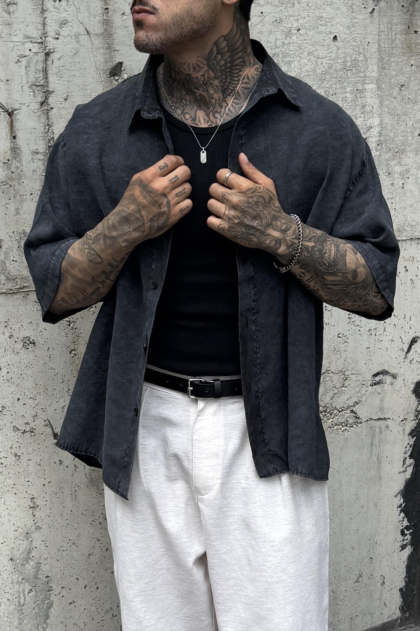 Oversize Antrasit Kısa Kollu Gömlek
