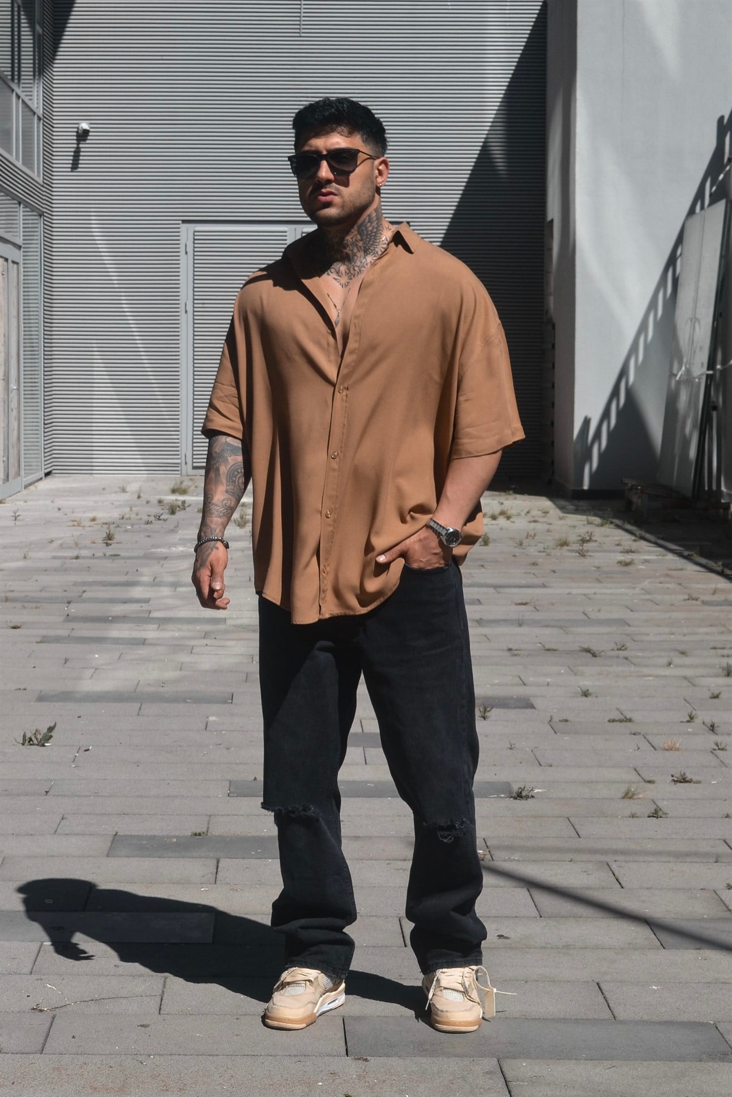 Oversize basic brown gömlek