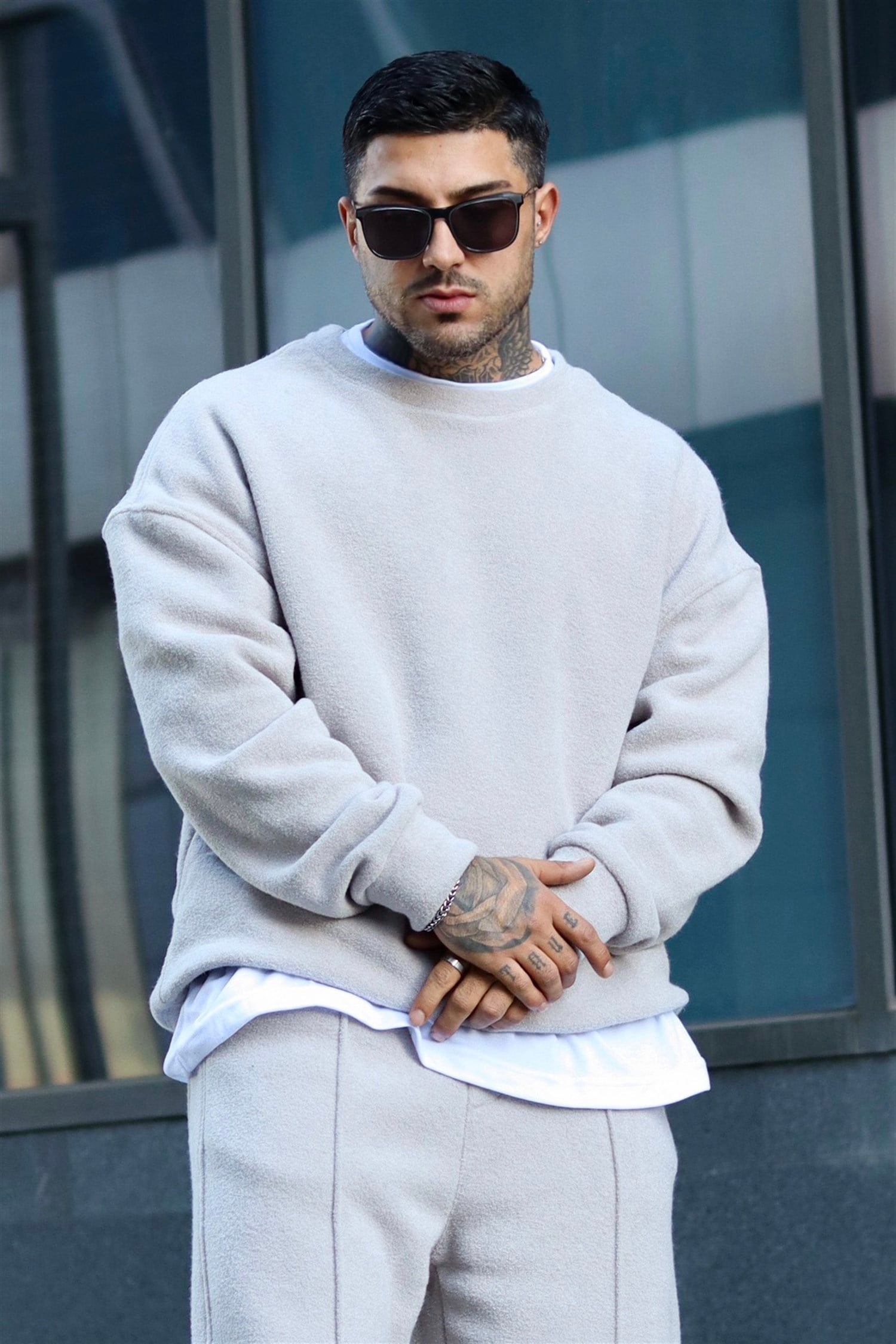 Oversize buz gri havlu polar sweatshirt