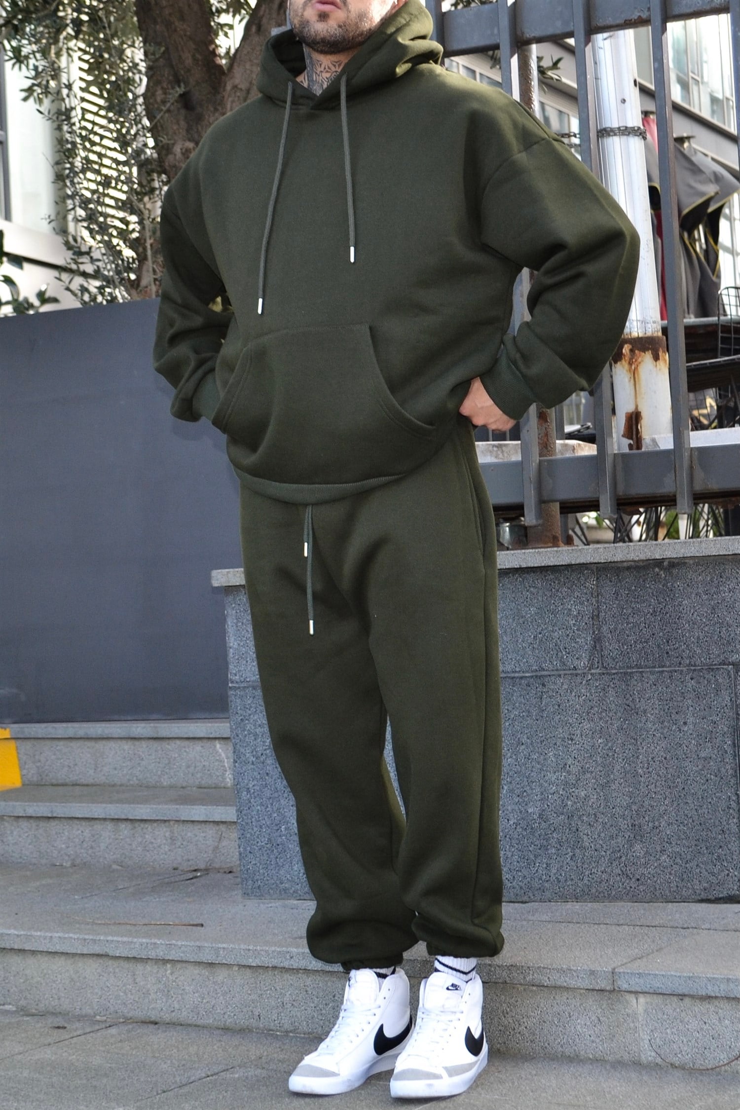 Oversize khaki track suit kapşonlu
