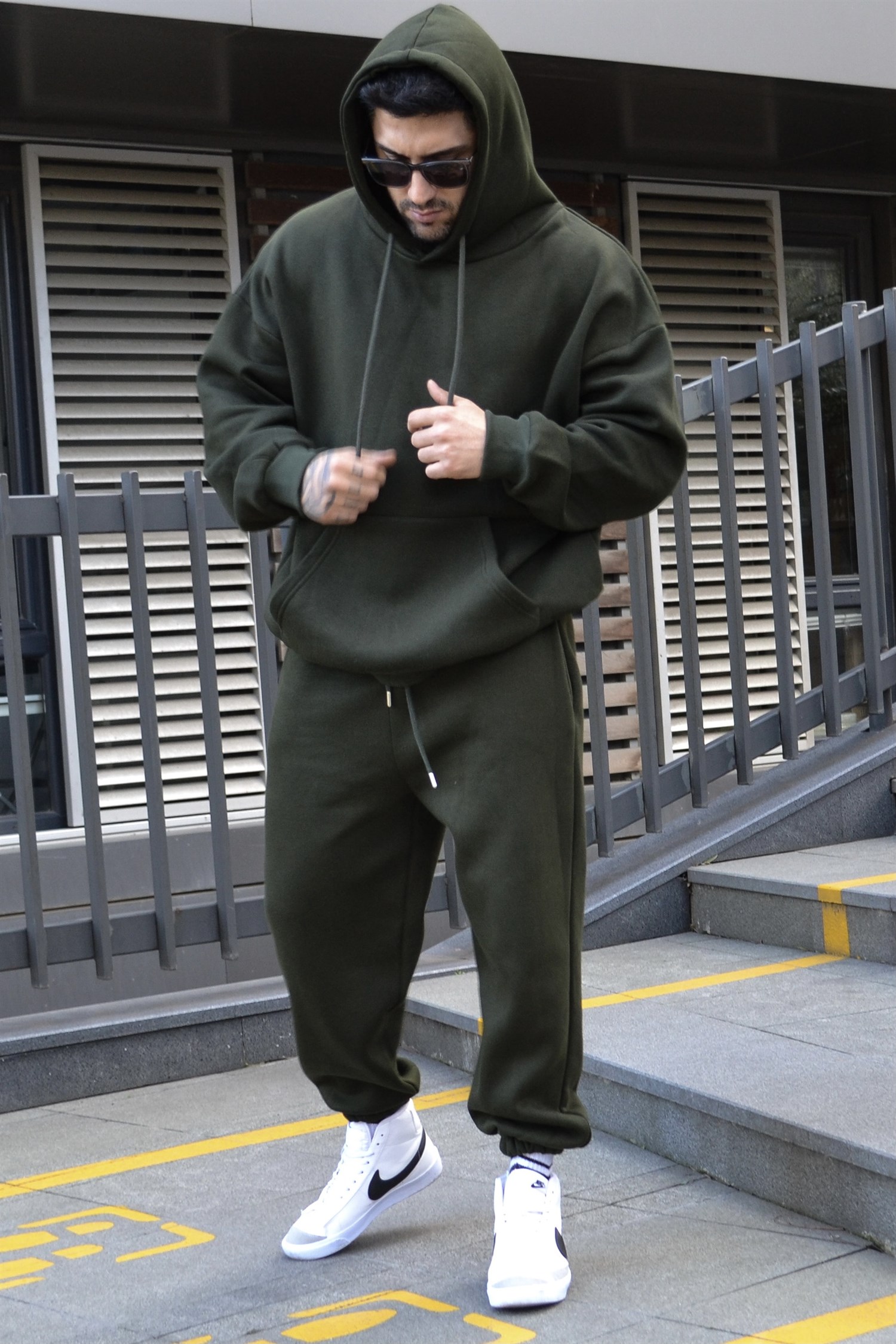 Oversize khaki track suit kapşonlu