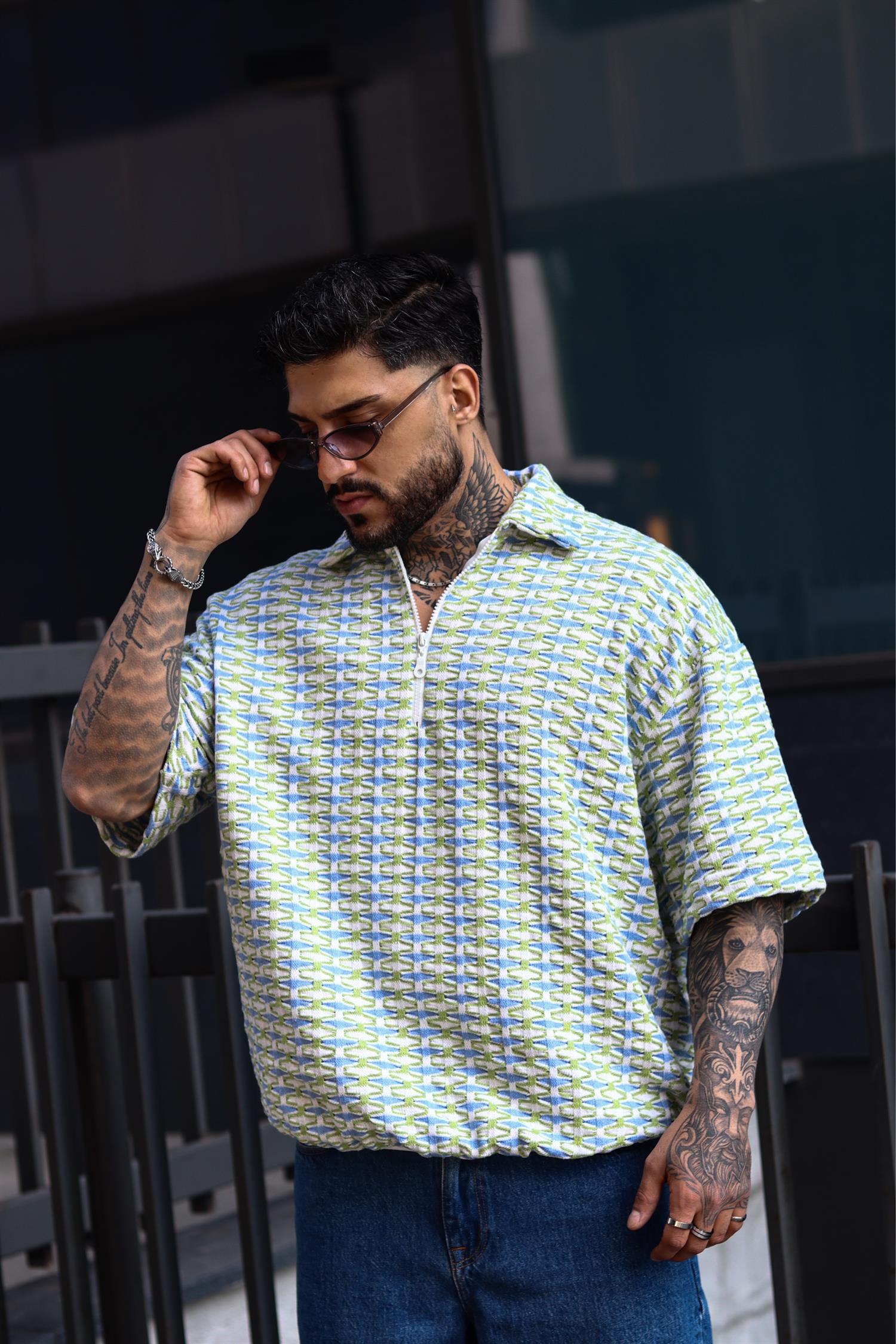 Oversize örme yeşil zip tshirt