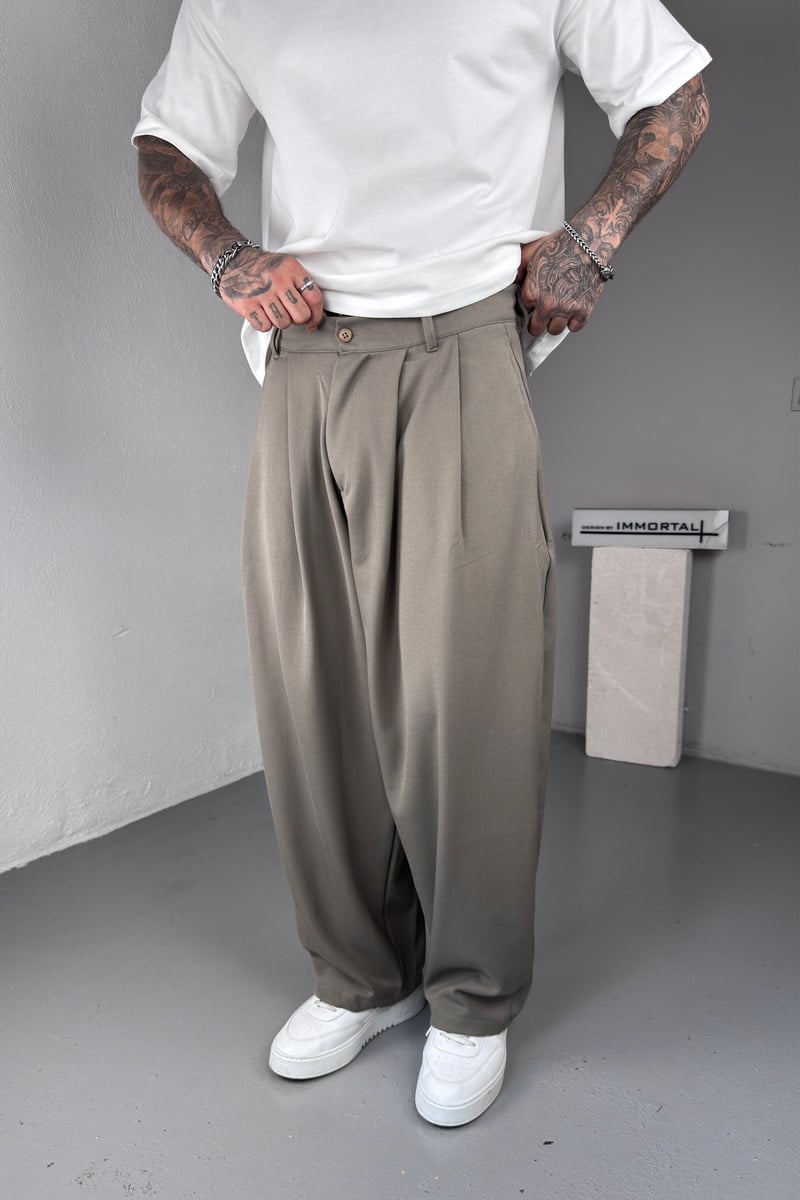 Pileli Haki Ekstra Baggy Kumaş Pantolon