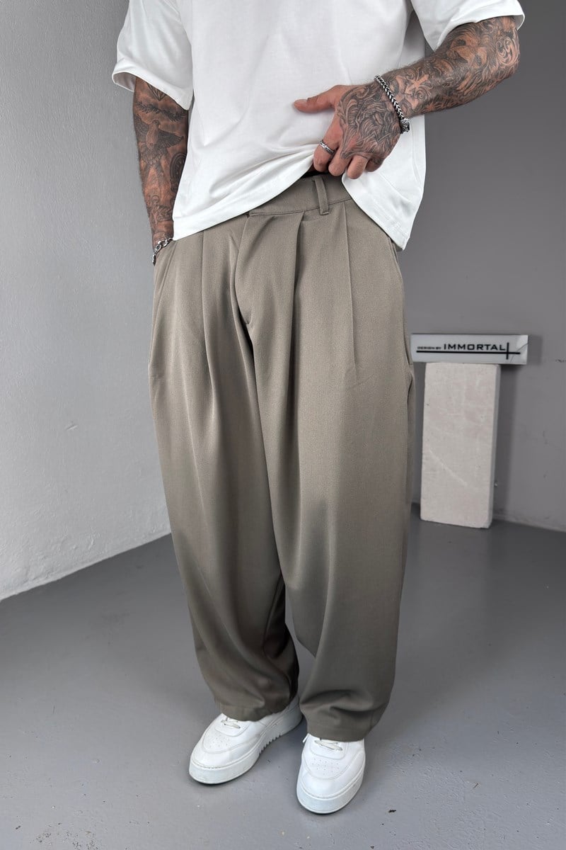 Pileli Haki Ekstra Baggy Kumaş Pantolon