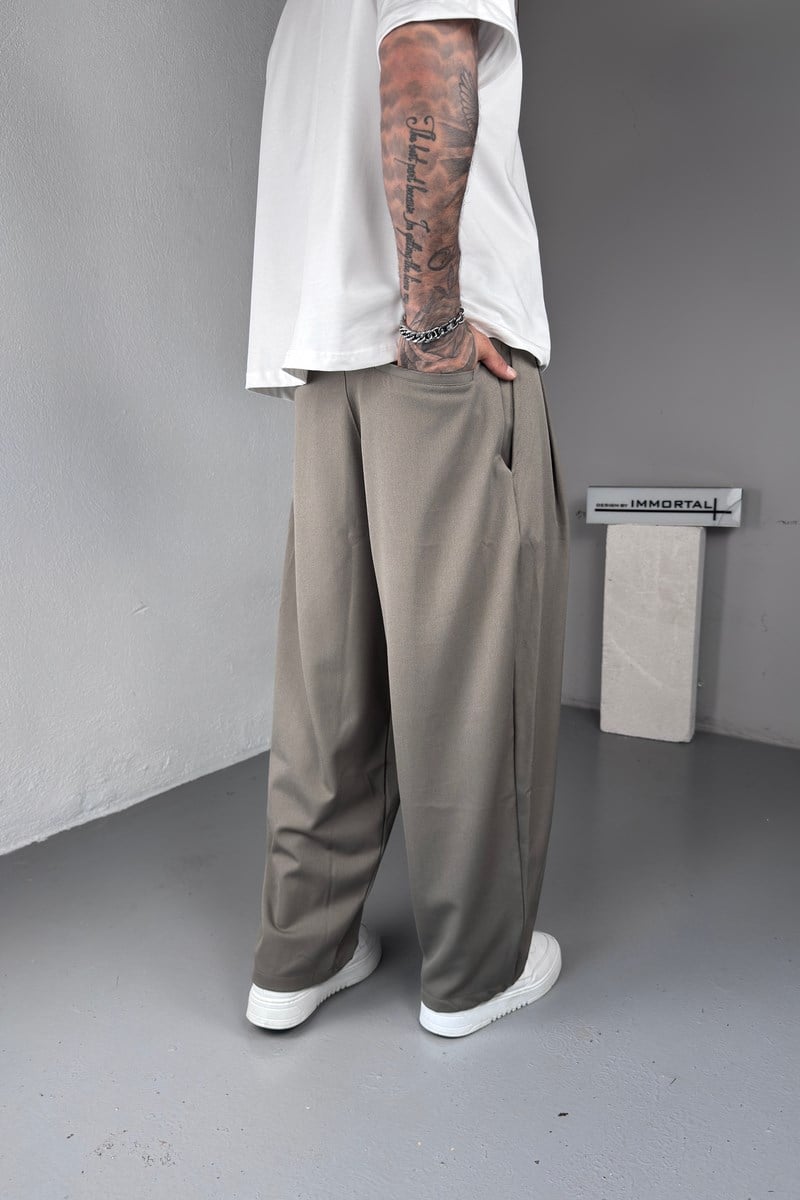 Pileli Haki Ekstra Baggy Kumaş Pantolon