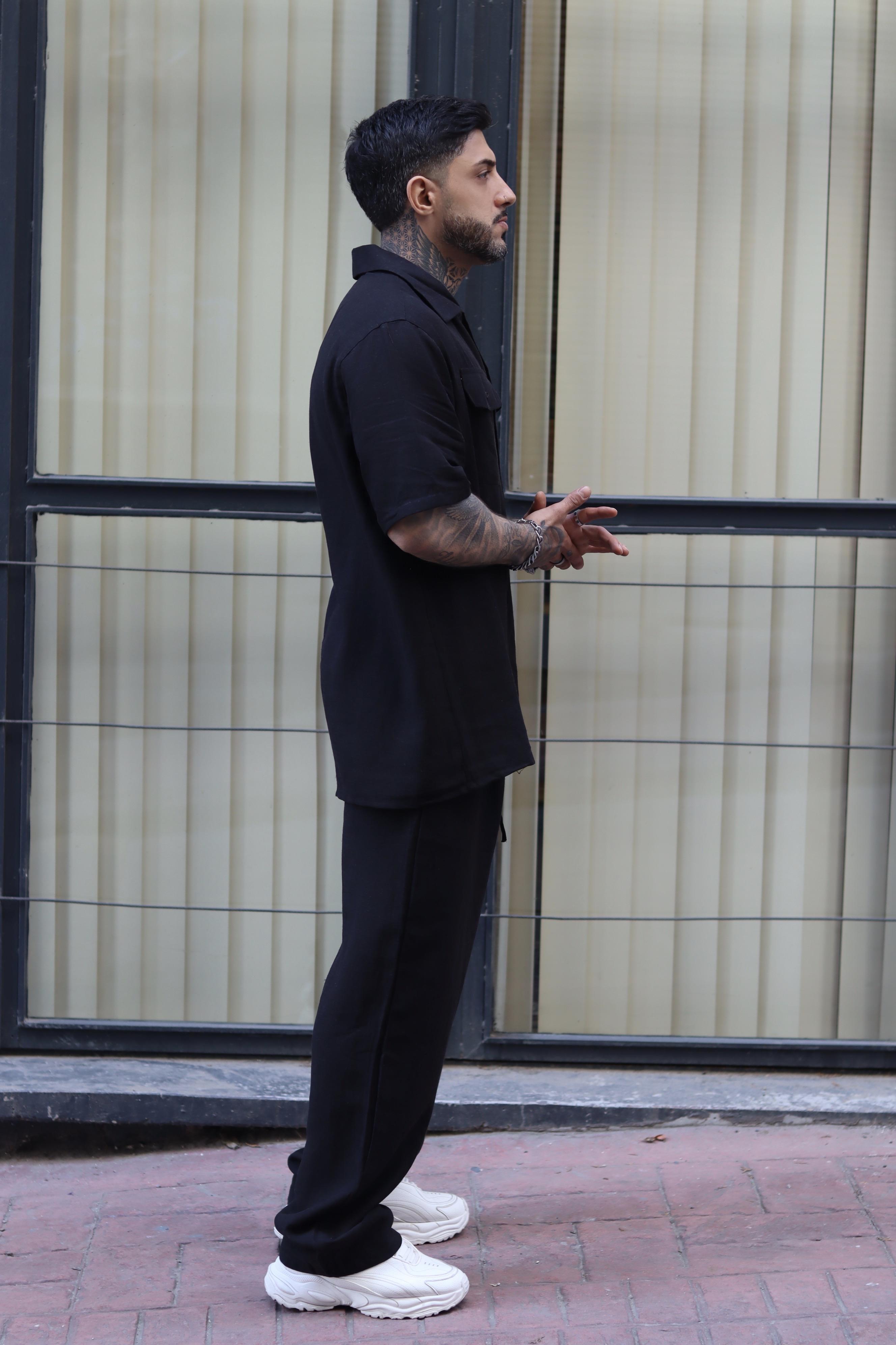 Siyah keten oversize takım