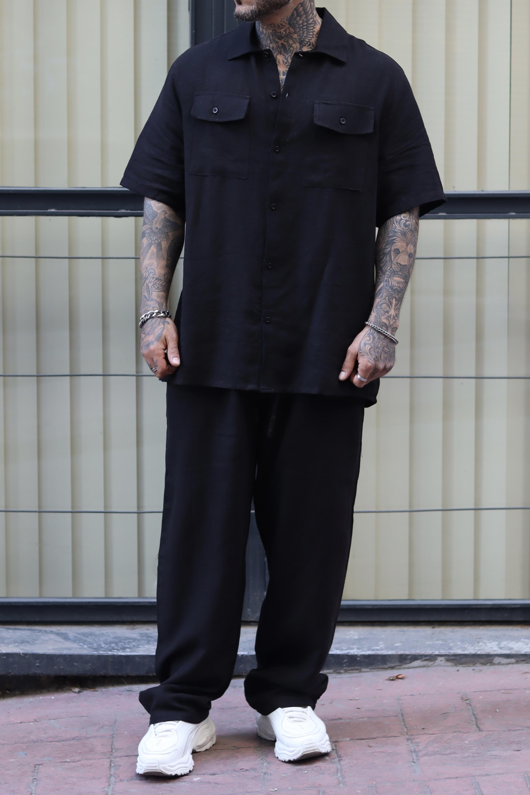 Siyah keten oversize takım
