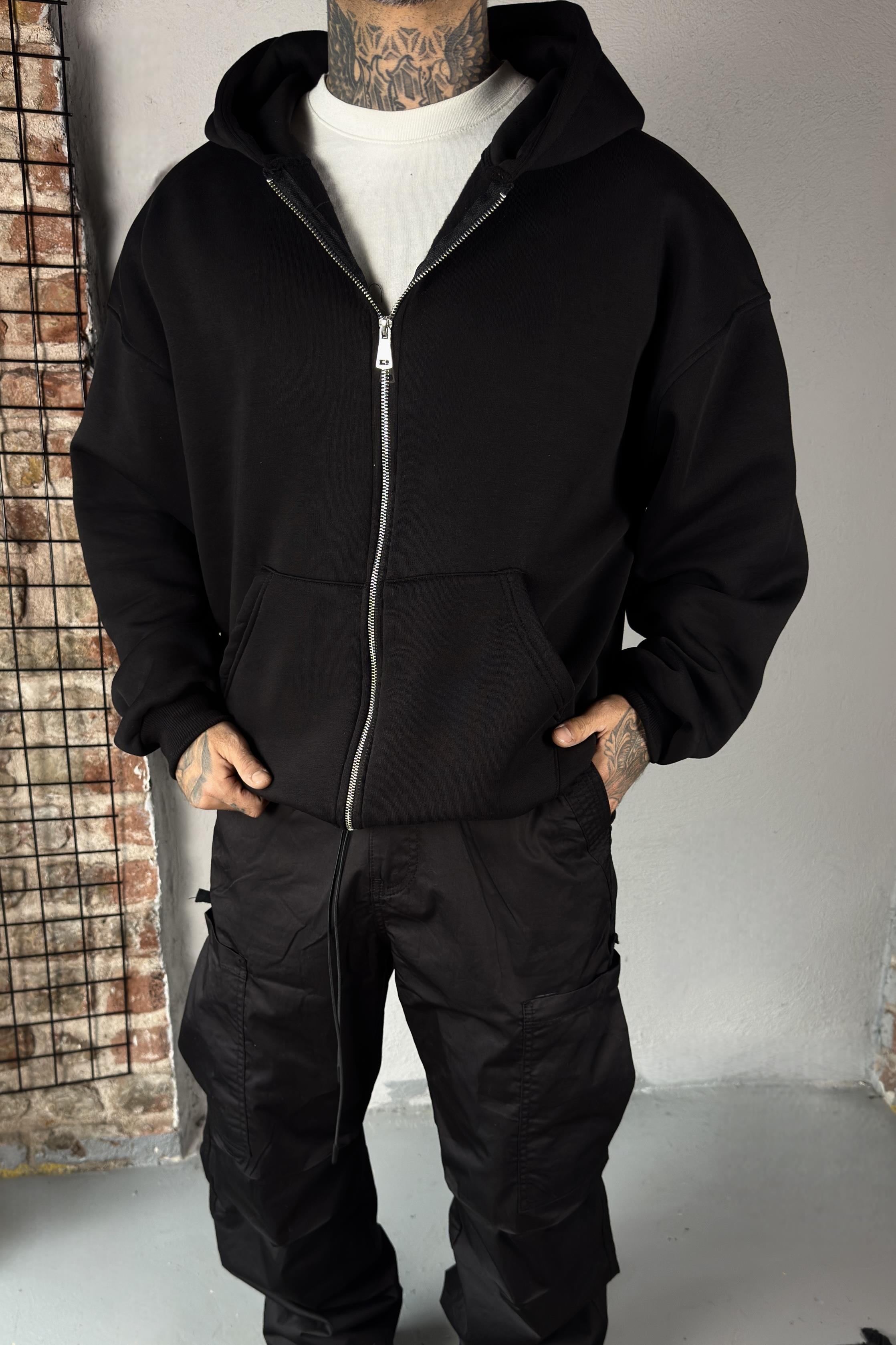 Siyah Oversize Zip Hoodie