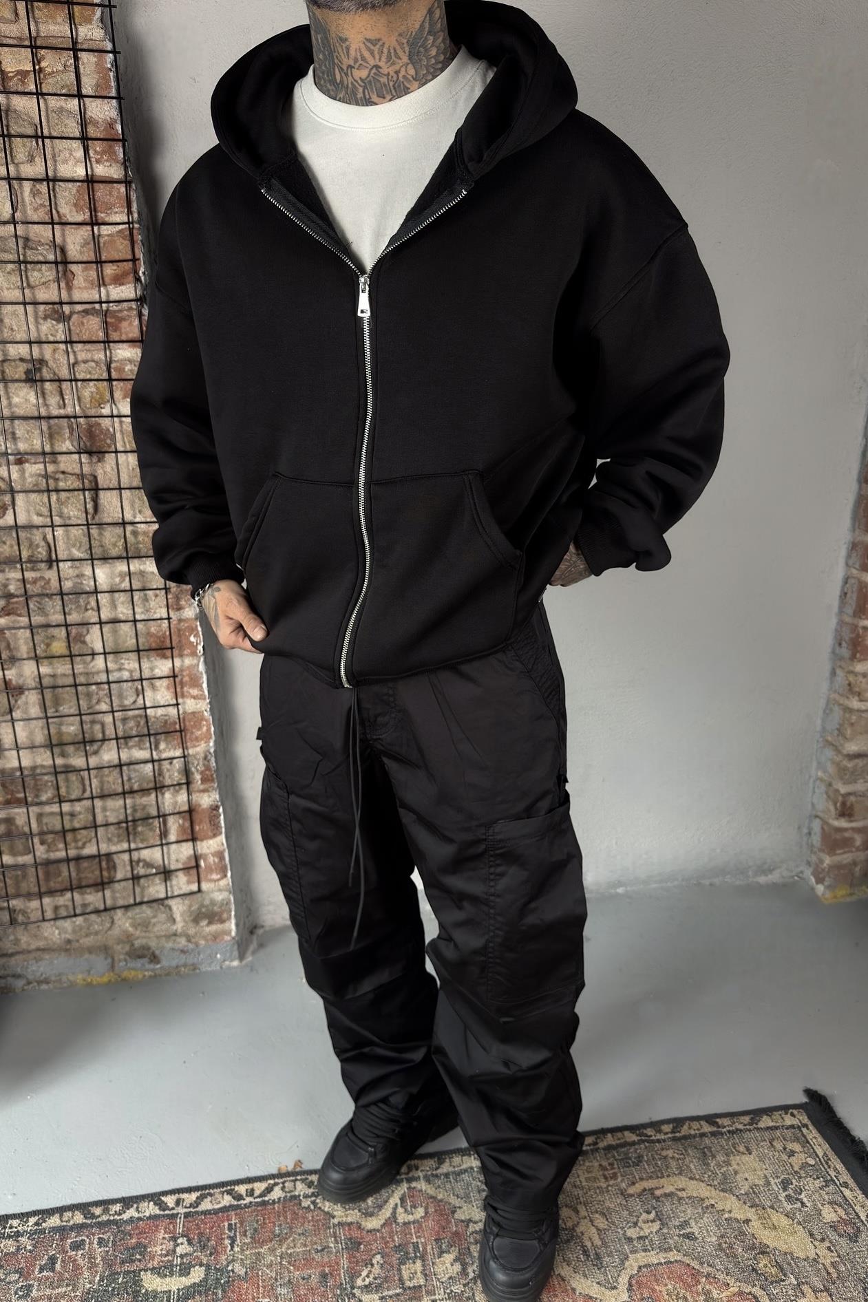 Siyah Oversize Zip Hoodie