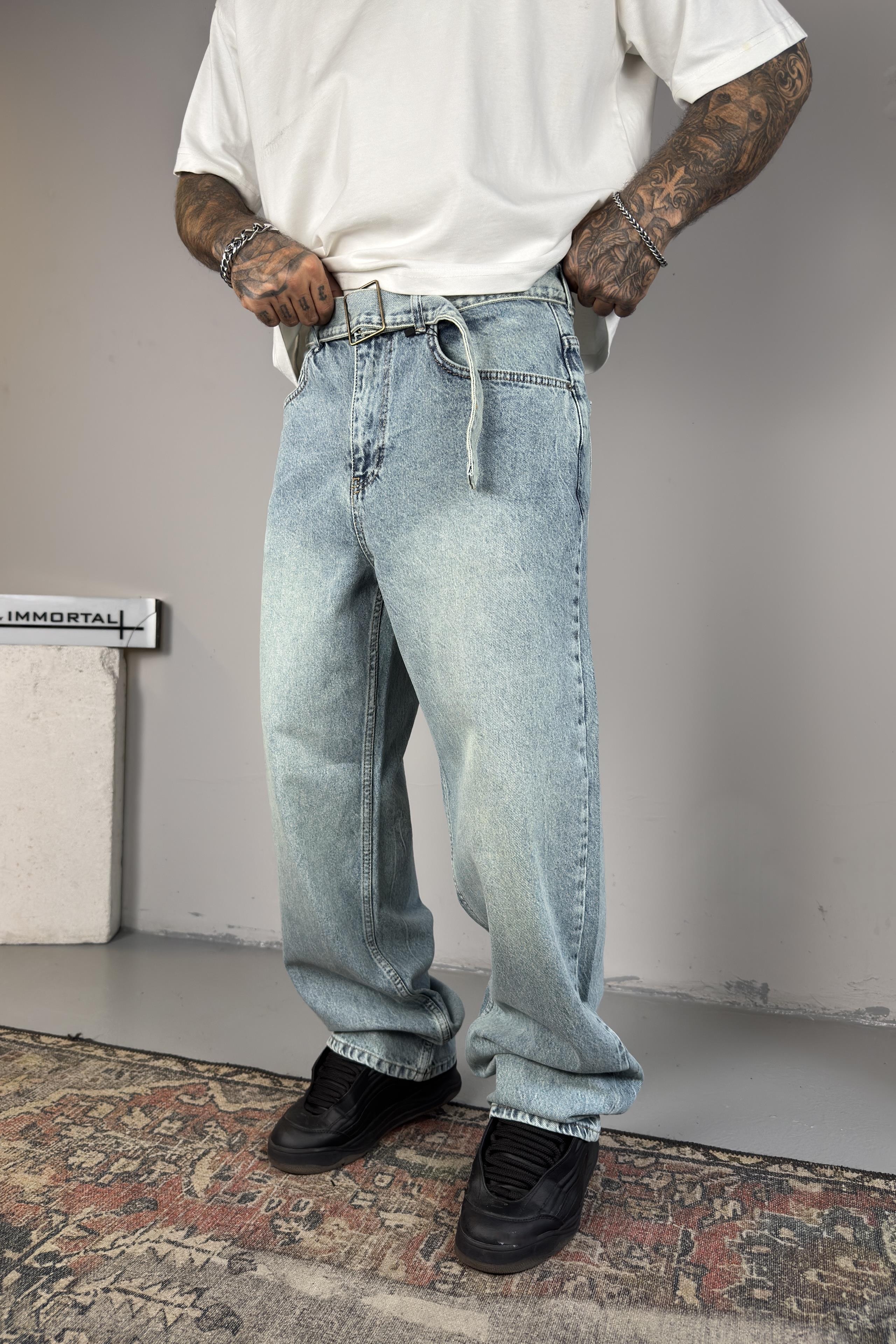 Washed Ice Blue Baggy Pantolon