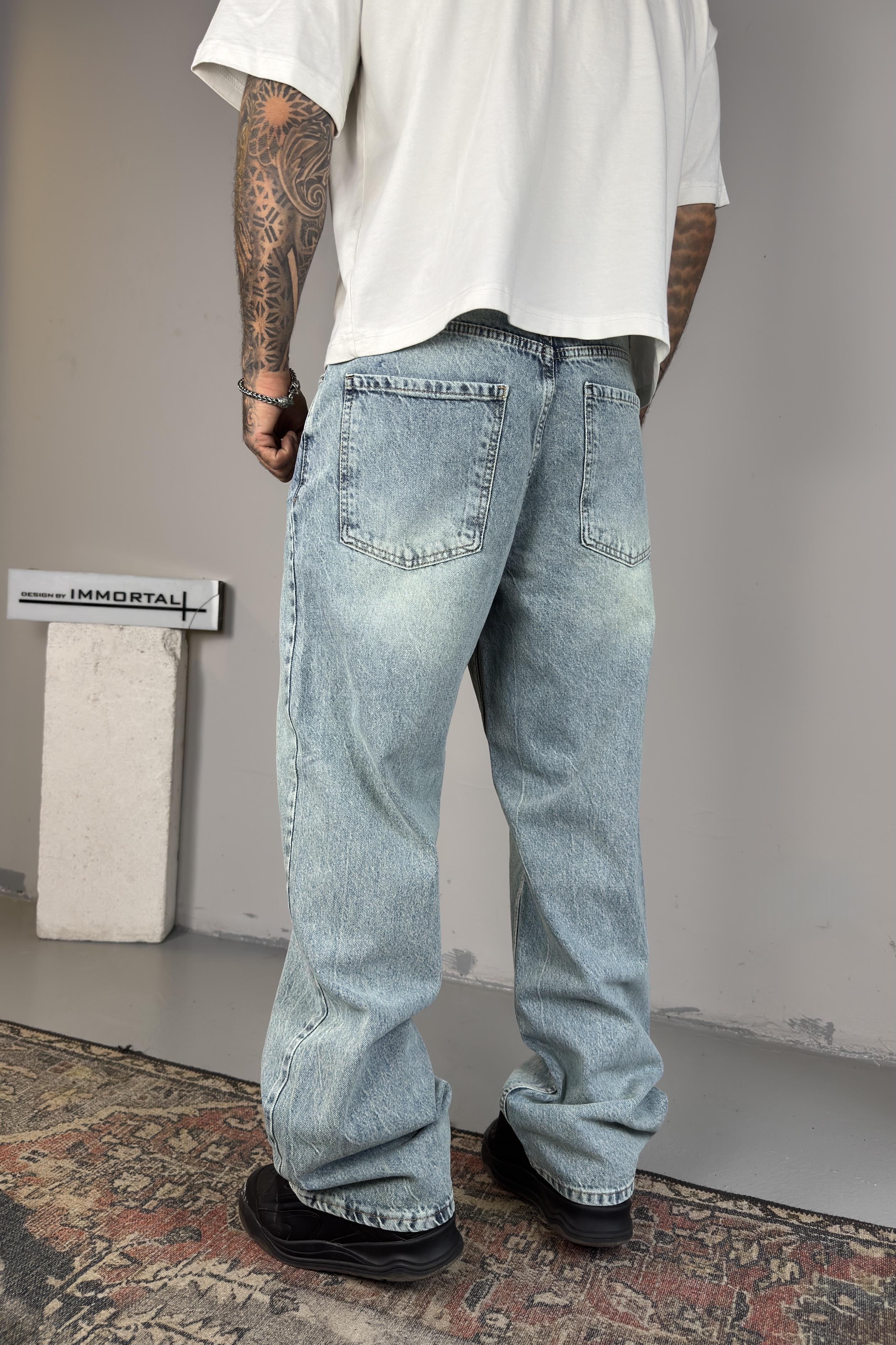 Washed Ice Blue Baggy Pantolon