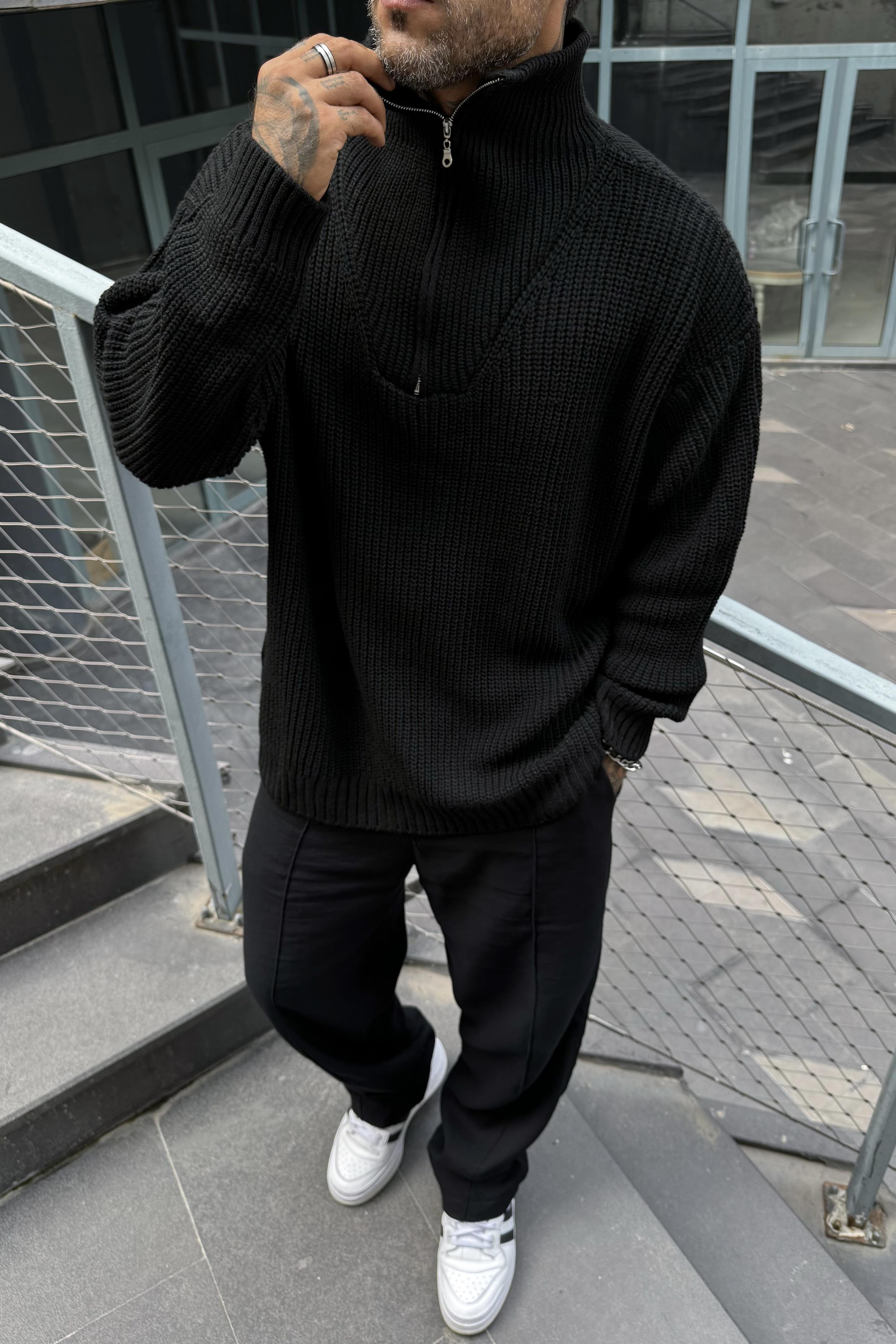 Yarım fermuar siyah örme oversize kazak