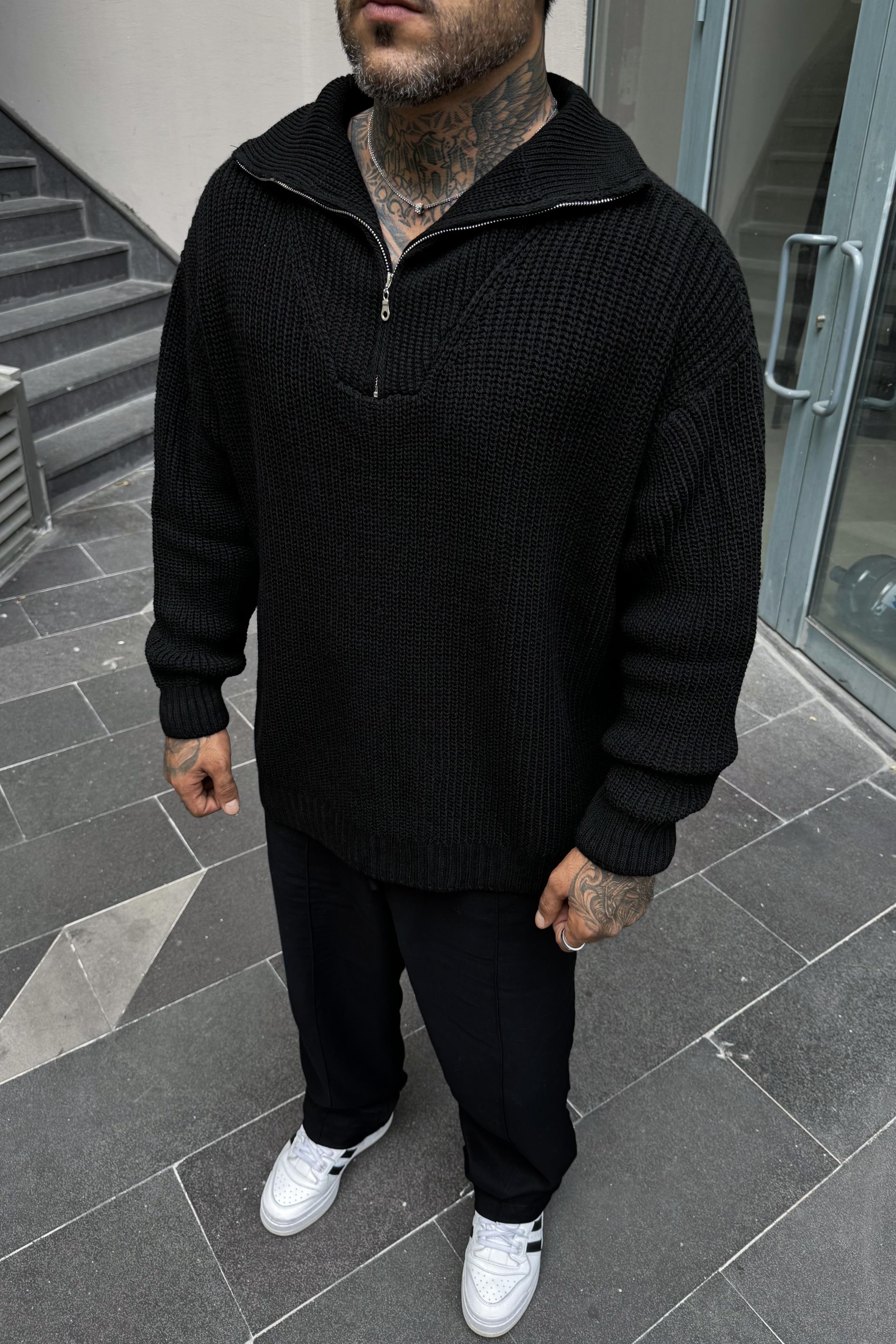 Yarım fermuar siyah örme oversize kazak