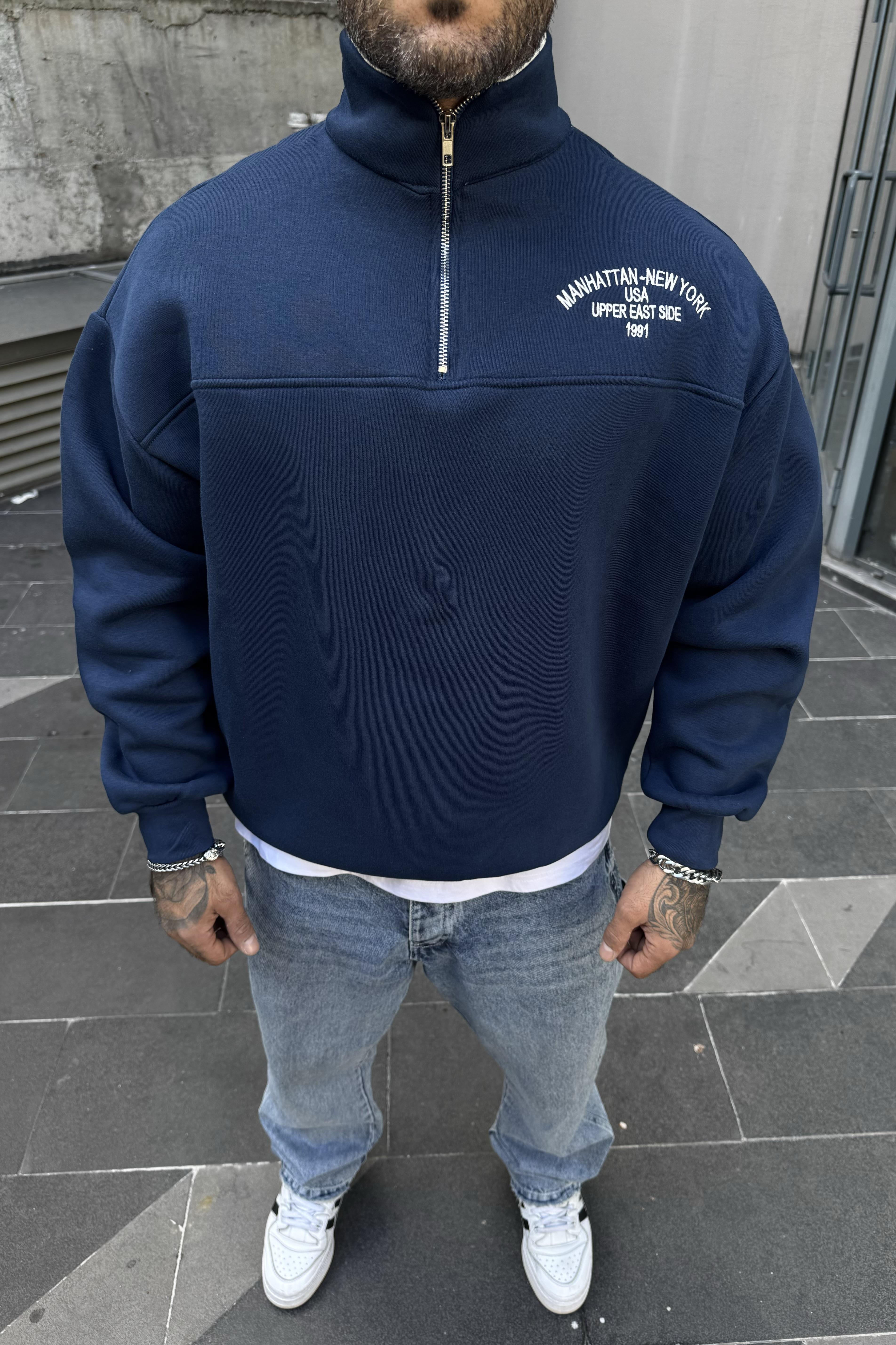 Yarım fermuar turkuaz mavi oversize sweatshirt