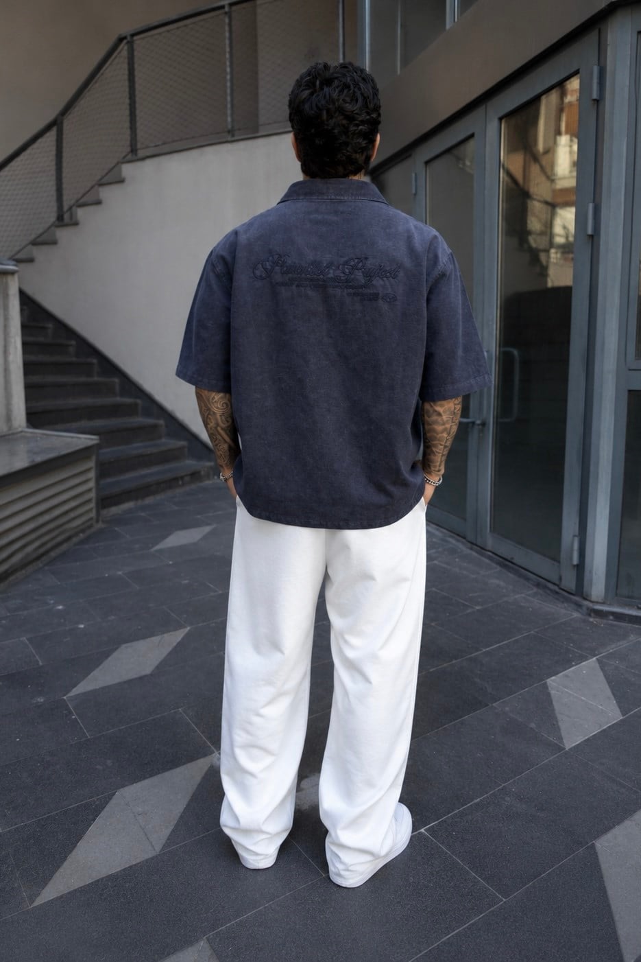 Yıkamalı Lacivert Oversize Gömlek