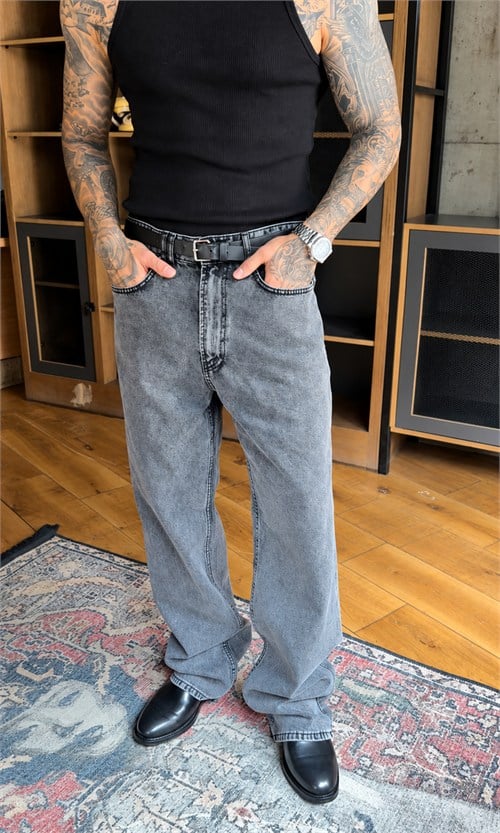 Açık Gri Yıkamalı Baggy Jean