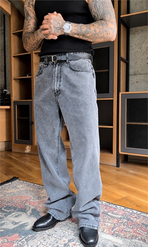 Açık Gri Yıkamalı Baggy Jean
