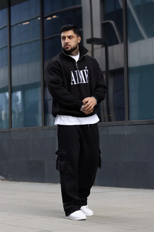 Aime oversize siyah zip sweatshirt