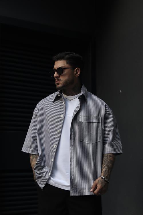 Basic gri çizgili oversize gömlek