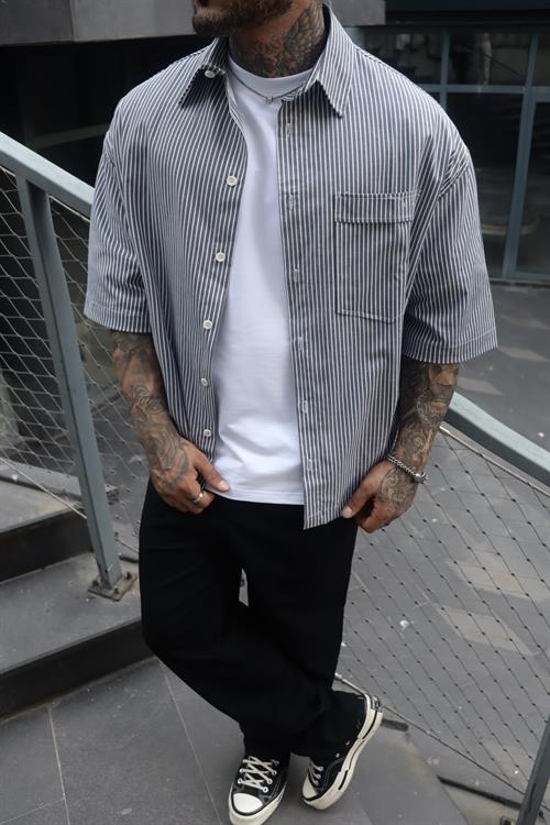 Basic gri çizgili oversize gömlek