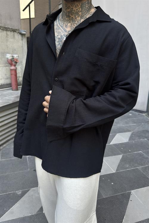 Basic Oversize Cepli Keten Gömlek