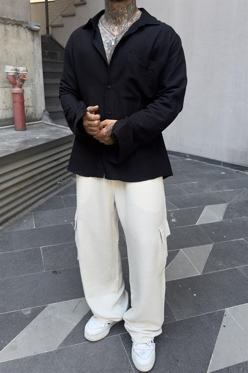 Basic Oversize Cepli Keten Gömlek