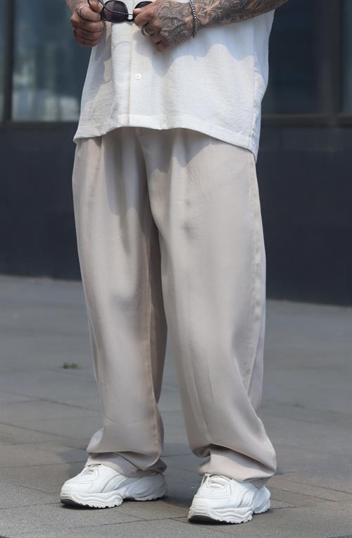 Bej ekstra baggy tensel kumaş pantolon