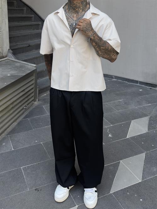 Çizgili Oversize Crop Gömlek