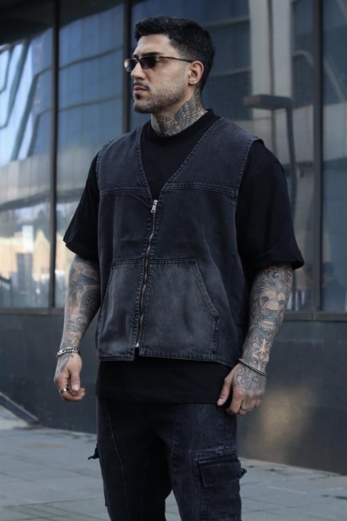 Dokulu antrasit çift renk oversize yelek