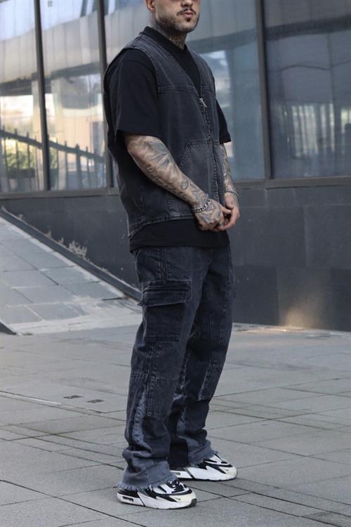 Dokulu antrasit çift renk oversize yelek