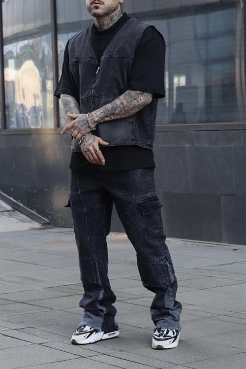 Dokulu antrasit çift renk oversize yelek