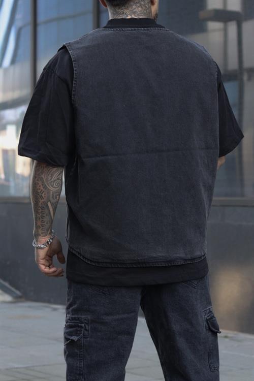 Dokulu antrasit çift renk oversize yelek