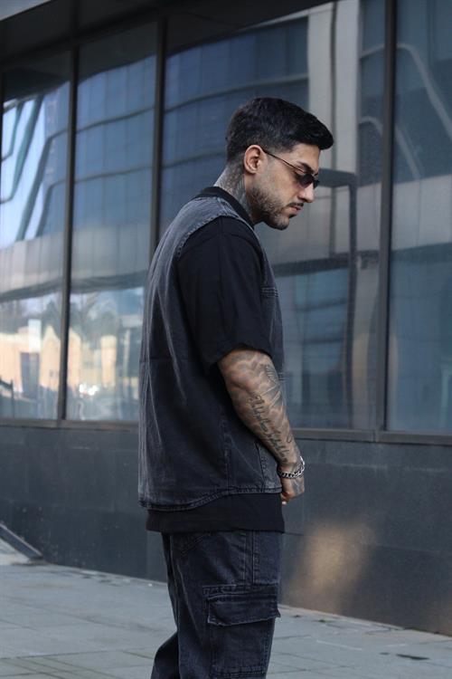 Dokulu antrasit çift renk oversize yelek