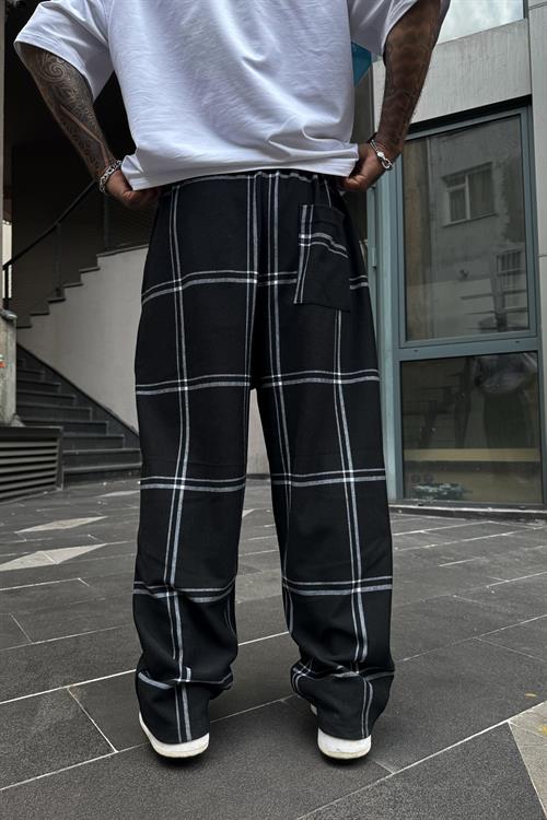 Ekose desen siyah ekstra baggy eşofman