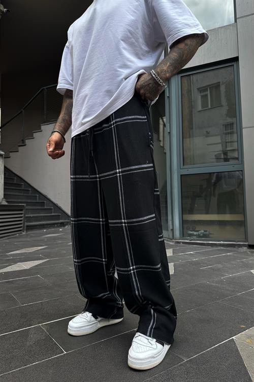 Ekose desen siyah ekstra baggy eşofman