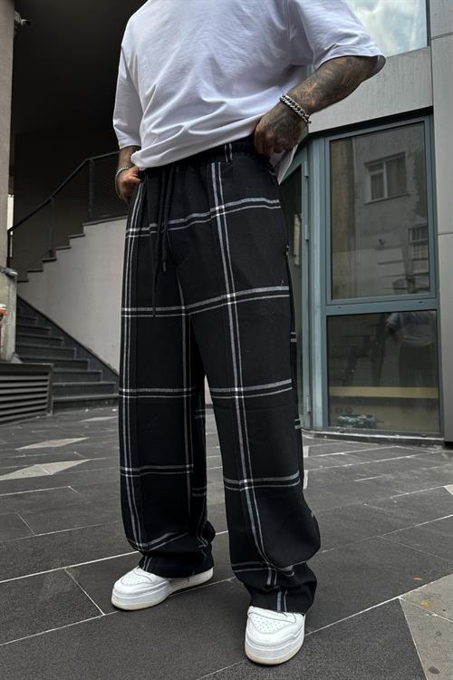 Ekose desen siyah ekstra baggy eşofman